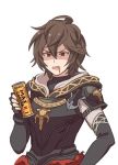  armor botamochi_(exwelder) brown_hair can coffee disgust fingerless_gloves georgia_max_coffee gloves granblue_fantasy hood hood_down male_focus open_mouth red_eyes sandalphon_(granblue_fantasy) short_hair solo 