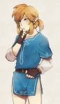 1boy bangs belt blonde_hair blue_eyes fingerless_gloves gloves layered_clothing link long_sleeves male_focus pointy_ears ponytail solo the_legend_of_zelda the_legend_of_zelda:_breath_of_the_wild thinking tunic yuma_(zero) 