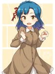  1girl :d akane_yuki blue_hair clenched_hands cowboy_shot idolmaster idolmaster_million_live! long_sleeves medium_hair nanao_yuriko open_mouth smile solo yellow_eyes 