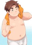  1boy ;) absurdres blue_background brown_hair closed_mouth cowboy_shot darling_in_the_franxx fat fat_man futoshi_(darling_in_the_franxx) gradient gradient_background grey_eyes halftone highres male_focus navel one_eye_closed orange_towel purasu_no_konbu shirtless smile solo swimsuit towel wet white_background wiping_face 