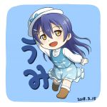  1girl bangs blue_hair blush chibi commentary_request eyebrows_visible_through_hair full_body hair_between_eyes hand_on_headwear hat long_hair looking_at_viewer love_live! love_live!_school_idol_festival love_live!_school_idol_project miyuki_yoshiharu open_mouth smile solo sonoda_umi yellow_eyes 