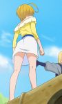  1girl ahoge bare_shoulders blonde_hair blue_sky clenched_hand clouds from_behind from_below haruyama_kazunori hugtto!_precure kagayaki_homare outdoors precure short_hair skirt sky solo_focus standing white_skirt 