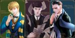  3boys black_hair bow bowtie bowtruckle brown_hair character_name coin copyright_name credence_barebone fantastic_beasts_and_where_to_find_them green_eyes highres leaf male_focus multicolored_hair multiple_boys necktie newt_scamander niffler orange_eyes percival_graves scarf shed1228 two-tone_hair white_hair 