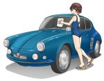  1girl ass bangs blue_swimsuit brown_eyes brown_hair car cleaning commentary_request eyebrows_visible_through_hair girls_und_panzer ground_vehicle holding looking_at_viewer looking_back motor_vehicle nakajima_(girls_und_panzer) one-piece_swimsuit open_mouth rag sandals school_swimsuit shadow short_hair simple_background smile solo standing standing_on_one_leg swimsuit uona_telepin vehicle_request white_background 