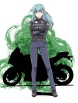  1girl bangs blue_eyes blue_hair breasts clothes_writing contrapposto crossed_arms eyebrows_visible_through_hair grey_footwear ground_vehicle hair_ornament hairclip ishii_hisao jacket kantai_collection large_breasts leather leather_jacket legs_apart long_sleeves looking_at_viewer motor_vehicle motorcycle pants shoes smile solo standing suzuya_(kantai_collection) 