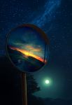  clouds cloudy_sky commentary_request highres milky_way mks moon night night_sky no_humans original outdoors reflection road scenery sky star_(sky) starry_sky sunset traffic_mirror tree 