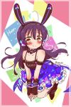  1girl animal_ears bangs bare_shoulders black_gloves blue_hair blush choker commentary_request eyebrows_visible_through_hair fingerless_gloves floating gloves hair_between_eyes happy_birthday headset long_hair looking_at_viewer love_live! love_live!_school_idol_project microphone rabbit_ears smile solo sonoda_umi yanai 