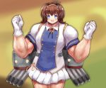  1girl :d azur_lane blue_eyes blush brown_hair chains character_request cowboy_shot eyebrows_visible_through_hair gloves hairband headgear highres looking_at_viewer machinery muscle muscular_female open_mouth pleated_skirt shirt short_hair short_sleeves skirt smile solo sukemyon torpedo twintails white_gloves white_shirt white_skirt 