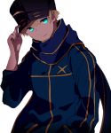  1boy ahoge artoria_pendragon_(all) baseball_cap blonde_hair blue_eyes blue_hat blue_jacket blue_scarf commentary_request cosplay fate/grand_order fate/prototype fate_(series) hand_on_headwear hand_up hat hiiragi_fuyuki jacket long_sleeves looking_at_viewer male_focus mysterious_heroine_x mysterious_heroine_x_(cosplay) saber_(fate/prototype) scarf simple_background smile solo upper_body white_background 
