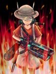  1girl aura backpack bag bfg_9000 black_gloves black_legwear blue_eyes chainsaw commentary_request crossover doom_(2016) doom_(game) eyebrows_visible_through_hat fire frown gloves gun hat hat_feather hat_over_one_eye highres kaban_(kemono_friends) kemono_friends looking_at_viewer pantyhose pantyhose_under_shorts red_shirt serious shirt shorts shotgun solo weapon white_shorts 