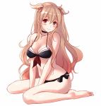  1girl adapted_costume bikini black_bikini blush breasts brown_eyes gradient_hair heterochromia kantai_collection light_brown_hair long_hair medium_breasts multicolored_hair murasame_(kantai_collection) red_eyes remodel_(kantai_collection) sitting solo swimsuit two_side_up u0709 wariza 