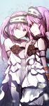 2girls bare_shoulders black_flower black_rose closed_mouth dress euryale fate/hollow_ataraxia fate_(series) flower frilled_hairband hairband hand_up highres long_hair looking_away looking_to_the_side multiple_girls parted_lips profile purple_hair ribbon-trimmed_hairband ribbon_trim rose sketch smile stheno strapless strapless_dress twintails very_long_hair violet_eyes wada_kazu white_dress white_hairband 