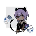  1girl :&gt; bangs bare_shoulders black_bodysuit black_gloves blue_flower blush_stickers bodysuit chibi dark_skin fate/prototype fate/prototype:_fragments_of_blue_and_silver fate_(series) fingerless_gloves flower futong_jun gloves hair_between_eyes hands_on_own_knees hassan_of_serenity_(fate) looking_at_viewer lowres no_shoes parted_lips purple_hair sitting solo triangle_mouth violet_eyes white_flower 