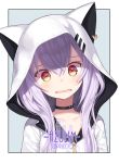  1girl animal_hood artist_name azuma_lim azuma_lim_channel capriccio character_name collar collarbone eyebrows_visible_through_hair hair_between_eyes head_tilt hood hoodie lavender_hair long_hair looking_at_viewer multicolored multicolored_eyes open_mouth red_eyes solo yellow_eyes 