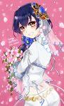  1girl bangs birthday blue_hair blush commentary_request dated eyebrows_visible_through_hair flower from_behind hair_between_eyes hair_ornament happy_birthday long_hair looking_at_viewer looking_back love_live! love_live!_school_idol_project petals purin_(purin0) smile solo sonoda_umi vietnamese_dress 