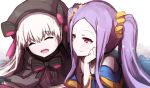  2girls :d ^_^ arm_support bangs bare_shoulders beret black_bow black_capelet black_gloves black_hat book bow closed_eyes closed_mouth eyebrows_visible_through_hair fate/extra fate/grand_order fate_(series) forehead gloves hair_between_eyes hair_ornament hair_scrunchie hat long_hair long_sleeves lying multiple_girls nursery_rhyme_(fate/extra) on_stomach open_book open_mouth orange_scrunchie parted_bangs purple_hair scrunchie silver_hair sketch smile striped_neckwear twintails very_long_hair violet_eyes wada_kazu wide_sleeves wu_zetian_(fate/grand_order) 