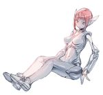  1girl android bow_(bhp) full_body joints looking_at_viewer navel orange_eyes original redhead robot_ears shoes short_hair sidelocks simple_background sitting sneakers solo standing white_background 