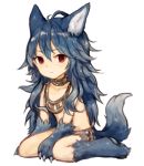  1girl animal_ears antenna_hair between_legs blue_hair closed_mouth eyebrows_visible_through_hair fenrir_(shingeki_no_bahamut) full_body fur granblue_fantasy hand_between_legs highres jewelry long_hair looking_at_viewer monster_girl necklace paws red_eyes shingeki_no_bahamut simple_background sitting solo sukemyon tail wariza white_background wolf_ears wolf_tail 