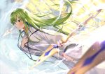  akamizuki_(akmzk) androgynous bangs black_neckwear blurry_foreground chains enkidu_(fate/strange_fake) enkidu_(weapon) fate/grand_order fate/strange_fake fate_(series) floating_hair gate_of_babylon green_eyes green_hair hand_on_own_chest light_blush long_hair long_sleeves looking_ahead robe smile sparkle white_robe wide_sleeves 