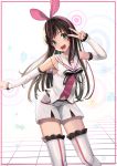  1girl :d a.i._channel bangs blush brown_hair contrapposto detached_sleeves eyebrows_visible_through_hair green_eyes hairband head_tilt highres kizuna_ai lace lace-trimmed_sleeves lace-trimmed_thighhighs long_hair looking_at_viewer multicolored_hair open_mouth outstretched_arm pink_hair pink_hairband round_teeth sailor_collar shirt shorts smile solo sunga2usagi teeth thigh-highs two-tone_hair v v_over_eye virtual_youtuber white_shorts 