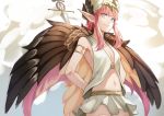  1girl 55level arms_behind_back blue_eyes breasts circe_(fate/grand_order) cleavage fate/grand_order fate_(series) feathered_wings long_hair looking_at_viewer navel pink_hair pointy_ears skirt sleeveless small_breasts solo wings 