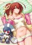  1girl absurdres ahoge blazblue brown_eyes brown_hair celica_a_mercury character_doll highres lying minerva_(blazblue) navel official_art on_back pillow ponytail solo underwear 