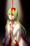  androgynous bangs blood blood_drip blood_on_face bloody_clothes dark_background eyebrows_visible_through_hair fate/grand_order fate/strange_fake fate_(series) green_hair kingu_(fate) light_rays long_hair long_sleeves looking_at_viewer robe simple_background sunbeam sunlight toruglose upper_body violet_eyes white_robe 