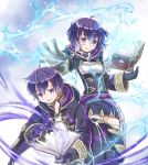  1boy 1girl blue_eyes blue_hair book cloak fire_emblem fire_emblem:_kakusei fire_emblem_heroes gloves holding holding_book lightning looking_at_viewer magic mark_(fire_emblem) siblings smile twins 