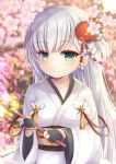 1girl azur_lane bangs black_gloves blurry blurry_background blush breasts closed_mouth collarbone commentary_request depth_of_field eyebrows_visible_through_hair gloves green_eyes hair_ornament highres holding japanese_clothes kimono long_hair long_sleeves looking_at_viewer medium_breasts obi partly_fingerless_gloves sash shoukaku_(azur_lane) silver_hair smile solo twitter_username very_long_hair white_kimono wide_sleeves yukiyuki_441 