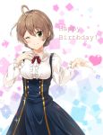  1girl ahoge bangs blush braid breasts frills green_eyes happy_birthday heart highres idolmaster idolmaster_million_live! idolmaster_million_live!_theater_days light_brown_hair looking_at_viewer medium_breasts one_eye_closed sakuramori_kaori short_hair smile solo tied_hair 