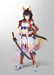  1girl animal_ears armor bangs black_hair blue_eyes blunt_bangs breasts closed_mouth commentary_request detached_sleeves fox_ears fox_tail grey_background hair_ornament hairclip highres holding holding_sword holding_weapon japanese_armor kagiyama_(gen&#039;ei_no_hasha) katana kusazuri large_breasts looking_at_viewer midriff navel original samurai sandals scabbard sheath single_detached_sleeve solo sword tabi tail thick_eyebrows unsheathed weapon white_legwear 