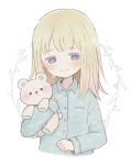  1girl ayu_(mog) blonde_hair blush closed_mouth collared_shirt crying crying_with_eyes_open holding long_sleeves original pajamas shirt solo stuffed_animal stuffed_toy tears teddy_bear upper_body violet_eyes wing_collar 