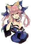  1girl animal_ears bare_shoulders blue_bow bow breasts choker cleavage detached_sleeves fang fate_(series) hair_between_eyes hair_bow highres japanese_clothes kimono long_hair long_sleeves looking_at_viewer medium_breasts mitu-yuki open_mouth pink_hair sash simple_background smile tamamo_(fate)_(all) tamamo_no_mae_(fate) twintails upper_body white_background wide_sleeves 