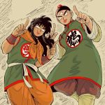  2boys :p black_eyes black_hair chinese_clothes dragon_ball fingernails grey_background hat index_finger_raised kerchief long_hair long_sleeves looking_at_viewer male_focus multiple_boys one_leg_raised simple_background smile standing tenshinhan tongue tongue_out twitter_username wristband yamcha 