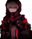  1boy blonde_hair closed_mouth commentary_request copyright_request glowing glowing_eyes hands_in_pockets hiiragi_fuyuki hood hood_up looking_to_the_side orange_eyes short_hair simple_background solo white_background 