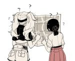  2girls ? collared_shirt cowboy_shot folded_ponytail from_behind fujinoki_(horonabe-ken) gambier_bay_(kantai_collection) hairband hakama hakama_skirt index_finger_raised japanese_clothes kantai_collection kasuga_maru_(kantai_collection) long_hair map monochrome multiple_girls pointing red_hakama shirt short_sleeves spot_color twintails 