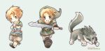  2boys blonde_hair blue_eyes boots chibi earrings fingerless_gloves gloves hat jewelry link link_(wolf) multiple_boys multiple_persona open_mouth pointy_ears sword the_legend_of_zelda the_legend_of_zelda:_twilight_princess weapon zaphk_(artist) 