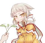  1girl absurdres animal_ears bangs blunt_bangs blush cat_ears cat_teaser cattail ears_down hair_ribbon highres hood niyah plant ribbon silver_hair togin trembling tress_ribbon xenoblade_(series) xenoblade_2 yellow_eyes yellow_ribbon 