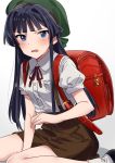  1girl backpack bag bangs black_hair blue_eyes commentary_request hat highres idolmaster idolmaster_million_live! long_hair mogami_shizuka neck_ribbon open_mouth randoseru ribbon school_bag school_uniform sketch solo yomosaka 