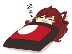  1girl :3 animal_ears blanket blush_stickers brown_hair chibi closed_eyes eyebrows_visible_through_hair hair_between_eyes imaizumi_kagerou long_hair lying on_back simple_background sleeping solo touhou under_covers white_background wolf_ears wool_(miwol) zzz 