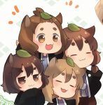 4girls :3 animal_ears black_jacket brown_eyes brown_hair chibi commentary_request extra eyebrows_visible_through_hair freckled_tanuki jacket japanese_clothes jitome light_brown_eyes light_brown_hair medium_hair multiple_girls open_mouth own_hands_together pigtailed_tanuki raccoon_ears sen1986 short_hair short_twintails slit-eyed_tanuki tanuki_extra thick_eyebrows topknot topknot_tanuki touhou twintails wild_and_horned_hermit |3 