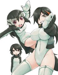  3girls action adelie_penguin_(kemono_friends) bangs black_hair chinstrap_penguin_(kemono_friends) eyebrows_visible_through_hair gloves hair_over_one_eye highleg highleg_leotard highlights jacket jumping kemono_friends king_penguin_(kemono_friends) kurosawa_(kurosawakyo) leotard long_sleeves multicolored_hair multiple_girls redhead thigh-highs white_hair zipper_pull_tab 