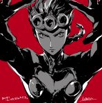  1boy cleavage_cutout closed_mouth curly_hair giorno_giovanna greyscale hands_up heart_cutout jojo_no_kimyou_na_bouken kotatsu_(g-rough) looking_at_viewer male_focus monochrome ponytail red_background signature simple_background solo translation_request upper_body v-shaped_eyebrows vento_aureo 