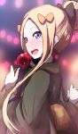  1girl :d abigail_williams_(fate/grand_order) alternate_hairstyle black_bow black_kimono blonde_hair blue_eyes blush bow candy_apple fate/grand_order fate_(series) food hair_bow hair_bun hair_up highres holding holding_food japanese_clothes kimono long_sleeves looking_at_viewer looking_back open_mouth orange_bow orange_scrunchie scrunchie sketch smile solo upper_teeth wada_kazu wide_sleeves wrist_scrunchie 