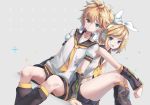  1boy 1girl :d black_sailor_collar black_shorts blonde_hair blue_eyes blush bow closed_mouth commentary_request detached_sleeves hair_bow hair_ornament hairclip headphones headphones_around_neck huanxiang_huifeng kagamine_len kagamine_rin leg_warmers looking_at_viewer open_mouth puffy_short_sleeves puffy_sleeves sailor_collar shirt short_hair short_shorts short_sleeves shorts sitting smile vocaloid white_bow white_shirt 