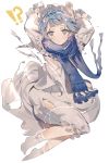  !? 1girl ahoge alternate_costume arms_up bangs blue_hair blue_scarf blush christmas damaged dress floating floating_hair girls_frontline hair_ornament hairclip hat highres looking_at_viewer no_shoes parted_lips scarf simple_background snowflake_print socks tassel tearing_up torn_clothes white_background white_dress white_legwear yuuko_(030_yuko) zas_m21_(girls_frontline) 