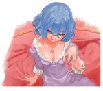  1girl arm_support bangs blood blue_hair bright_pupils commentary_request copyright_request dress drink eyeball eyebrows_visible_through_hair fingernails from_above hair_between_eyes holding nail_polish pink_nails purple_dress red_eyes short_hair sitting slit_pupils solo suisogenshi 