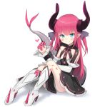  1girl applepie_(12711019) bangs blue_eyes blush boots curled_horns detached_sleeves dragon_girl dragon_tail dress elizabeth_bathory_(fate) elizabeth_bathory_(fate)_(all) eyebrows_visible_through_hair fate/extra fate/extra_ccc fate_(series) flat_chest full_body hair_ornament hand_on_own_knee heart high_heel_boots high_heels highres horns knees_up long_hair looking_at_viewer pink_hair pointy_ears simple_background sitting smile solo tail white_background wrist_cuffs 