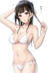  1girl arm_up bangs bare_shoulders bikini black_hair blush breasts cleavage collarbone eyebrows_visible_through_hair flying_sweatdrops highres hips holding holding_hair long_hair looking_at_viewer medium_breasts navel open_mouth original ponytail simple_background smile solo swimsuit takeashiro thighs translation_request violet_eyes waist white_background white_bikini 