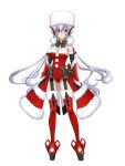  1girl absurdres bare_shoulders boots breasts christmas cleavage full_body fur_trim garter_straps hair_between_eyes headgear highres large_breasts leotard long_hair platform_boots purple_hair red_footwear senki_zesshou_symphogear senki_zesshou_symphogear_xd_unlimited simple_background solo thigh-highs thigh_boots very_long_hair violet_eyes white_background yukine_chris 